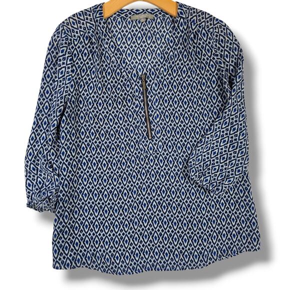 NY Collection Petite Blue Geometric Zip Front Blouse – PL, gently used - Picture 2 of 8